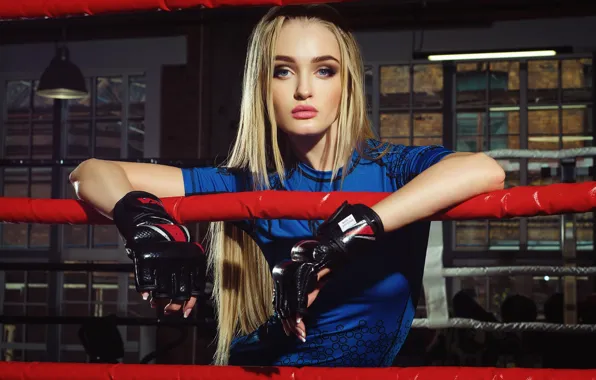 Picture girl, sport, makeup, t-shirt, hairstyle, blonde, Boxing, gloves, the ring, ropes, beautiful, blue, Kristiana Koroleva