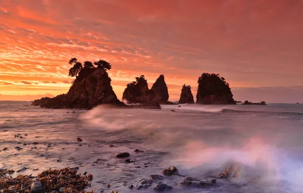 Picture sea, wave, sunset, nature, rocks, the evening, Japan