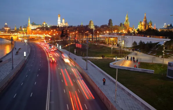 Picture road, the city, Park, the evening, lighting, Moscow, Cathedral, tower