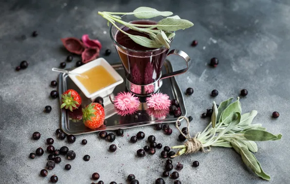 Picture berries, strawberry, honey, drink, currants