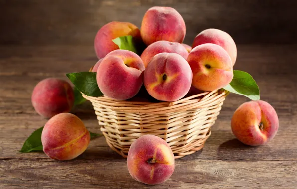 Leaves, basket, food, peaches