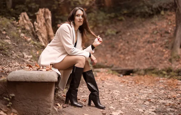 Picture look, brown hair, legs, boots, sitting, coat, Nadia