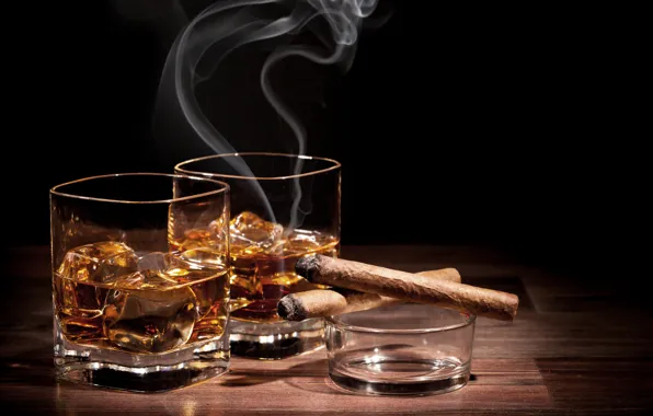 Ice, glass, cigar, ice, whiskey, cigar, a glass of whiskey