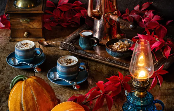 Leaves, style, lamp, Cup, pumpkin, still life, coffee grinder, coffee pot