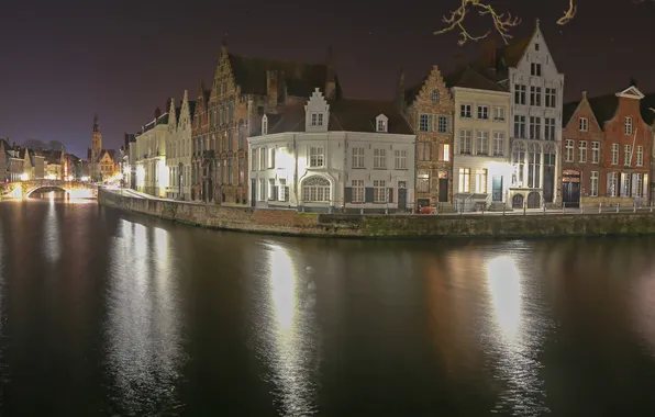 The sky, night, bridge, lights, reflection, home, channel, Belgium