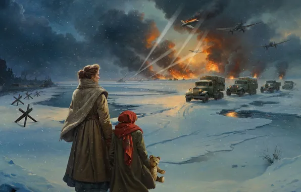 Winter, Girl, Aircraft, Ice, Child, Girl, Trucks, USSR