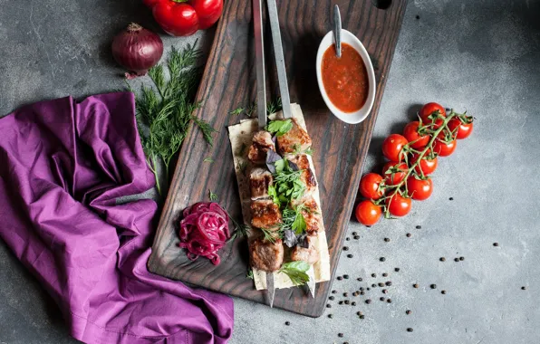 Greens, food, bow, meat, sauce, kebab, pita, tomatoes-cherry