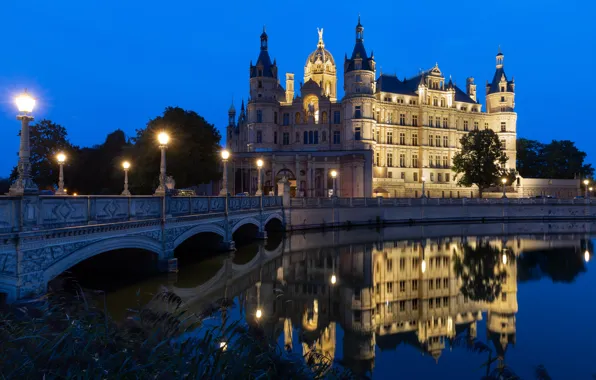 Night, bridge, the city, lake, castle, Germany, lighting, lights