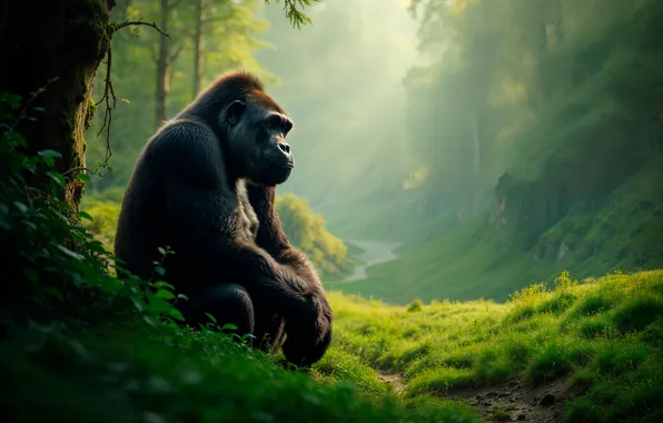 Picture Grass, Monkey, Trees, Sitting, Digital art, Gorilla, AI art, The Art of Artificial Intelligence