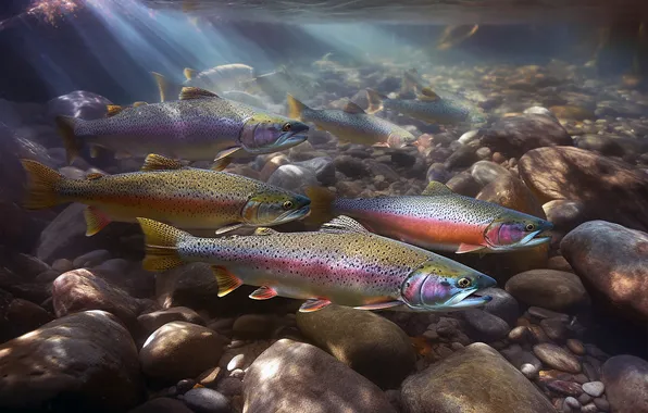 Light, fish, pebbles, river, stones, the bottom, fish, under water