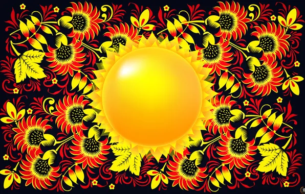 Picture Flowers, The sun, Star, Style, Background, Painting, Art, Khokhloma