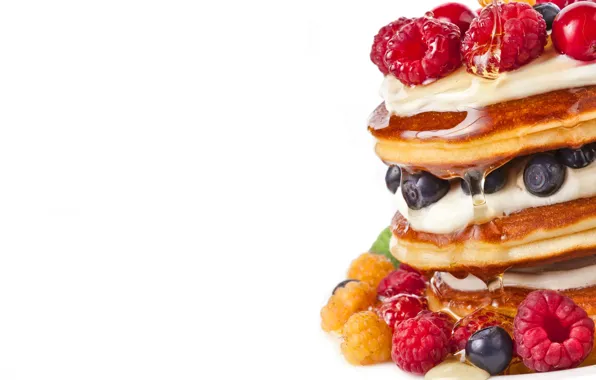 Berries, raspberry, blueberries, white background, cloudberry, pancakes, syrup, berries