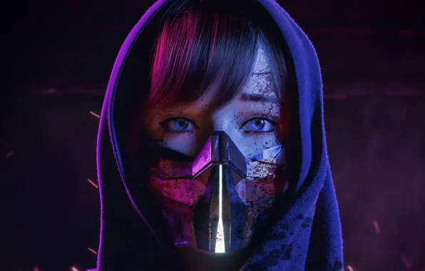 Picture portrait, hood, steel, look, hood, blue eyes, beautiful girl, digital art