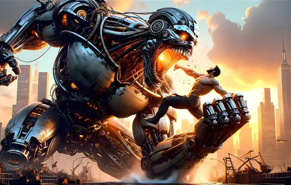 The city, robot, giant, hero, male, the battle