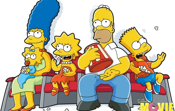 Maggie, Simpsons, Homer, Lisa, Marge, Popcorn, Bart