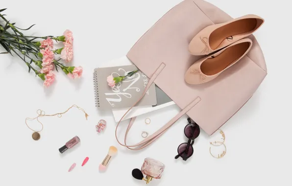 Flowers, style, perfume, glasses, shoes, decoration, bag, cosmetics