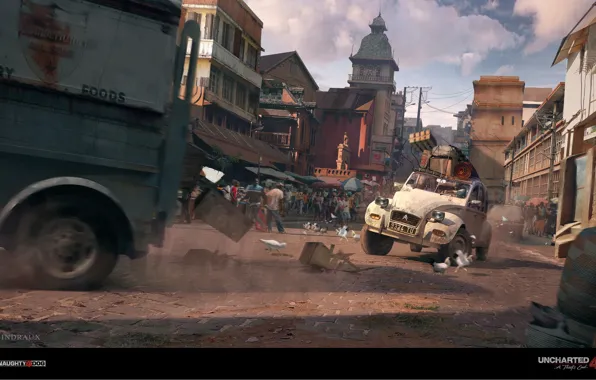 The city, street, chase, Uncharted 4, Car Chase