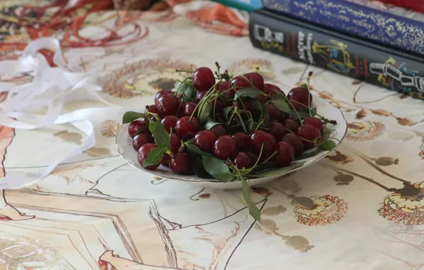 Macro, cherry, foliage, books, tablecloth