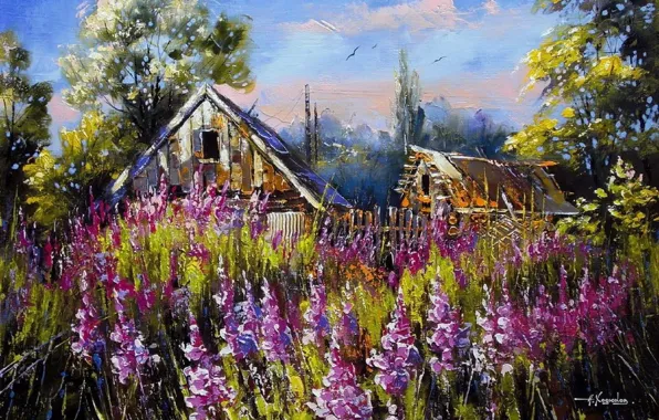 Summer, grass, landscape, flowers, nature, picture, village, painting