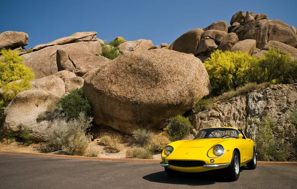 Machine, the sky, trees, stones, rocks, Ferrari, yellow, 275 GTB
