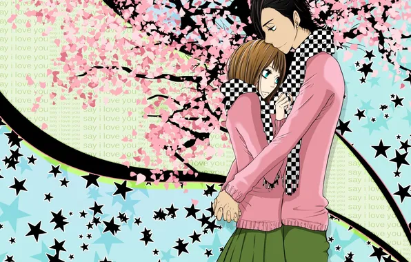 Girl, flowers, abstraction, Sakura, hugs, guy, stars, tachibana mei