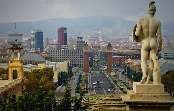 The sky, mountains, tower, home, haze, statue, sculpture, Spain