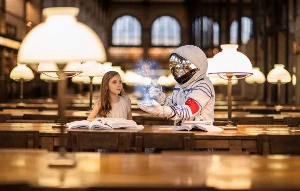 Light, lamp, astronaut, girl, library