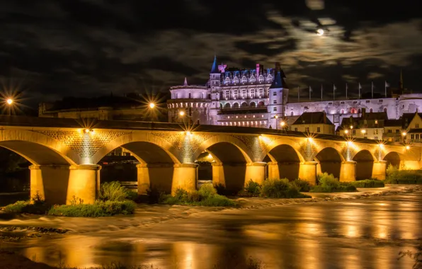 Night, bridge, the city, river, castle, France, lighting, Loire