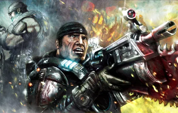 Face, art, soldiers, machine, saw, marcus fenix, gears of wars, Marcus Michael Fenix
