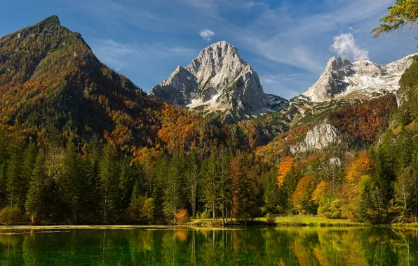 Autumn, forest, light, trees, mountains, lake, reflection, blue