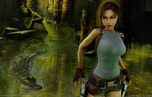 Girl, weapons, crocodile, fire, guns, girl, ruins, Lara Croft