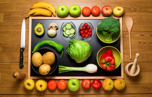 Picture apples, mushrooms, bow, spoon, knife, bananas, pepper, fruit