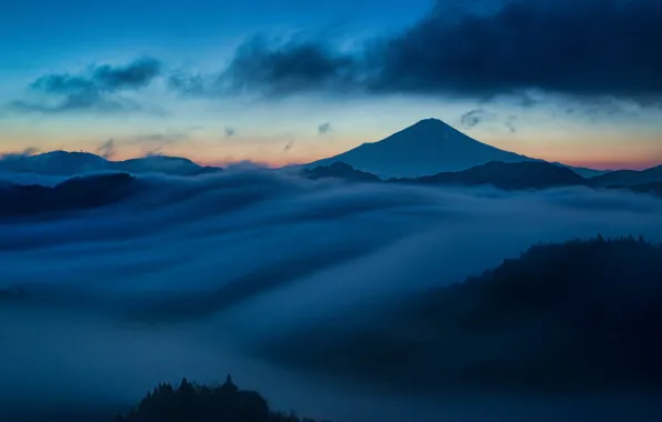 The sky, clouds, landscape, mountains, night, clouds, fog, blue