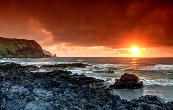 Stones, the ocean, dawn, Easter island, polynesia, easter island, Valparaiso Region