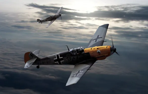 Picture the sky, clouds, figure, Messerschmitt, aircraft, The second world war, Bf.109, Messerschmitt