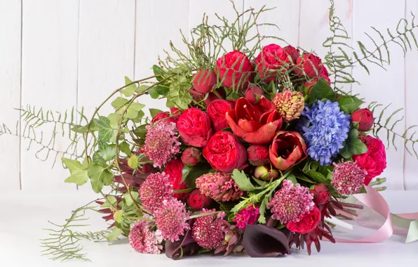 Roses, bouquet, hyacinth, Calla lilies, Amaryllis, astrantia