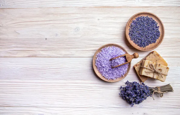 Flowers, Board, soap, lavender, composition, buds, bowls, scoop