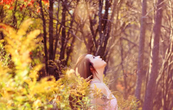 Forest, girl, nature, up, head, looks, bokeh