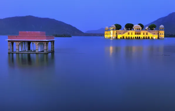 The sky, mountains, lights, lake, the evening, India, Palace