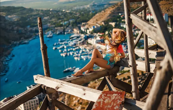 Freedom, girl, the wind, hair, shorts, view, height, legs