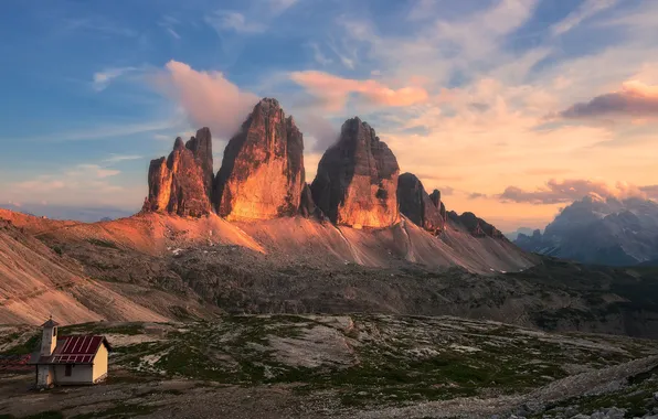Clouds, light, mountains, blue, stones, rocks, the slopes, morning