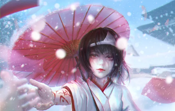 Girl, umbrella, hand, kimono, Diadema