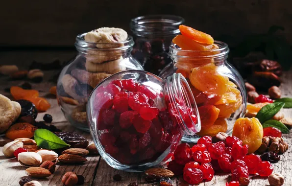 Nuts, raisins, figs, dried apricots, dried fruits