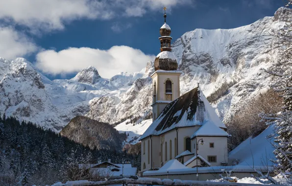 Snow, mountains, Germany, Church, Ramsau, St. Sebastian church