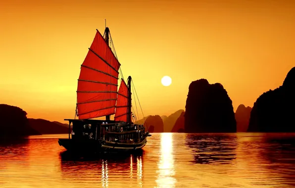 Picture the ocean, the evening, Vietnam, junk, the Bay of Ha long