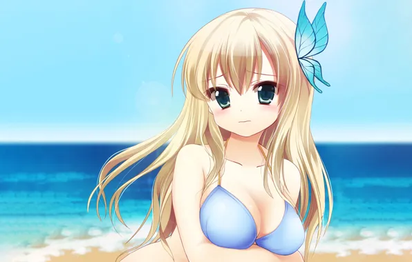Girl, sexy, cleavage, beach, long hair, sea, boobs, anime