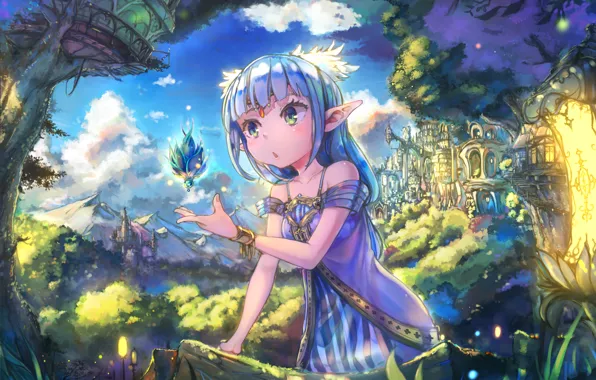 Picture the sky, the city, castle, magic, elf, surprise, tale, girl