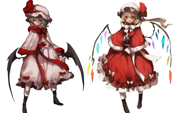 Wings, shoes, white background, bow, cap, sisters, touhou, art