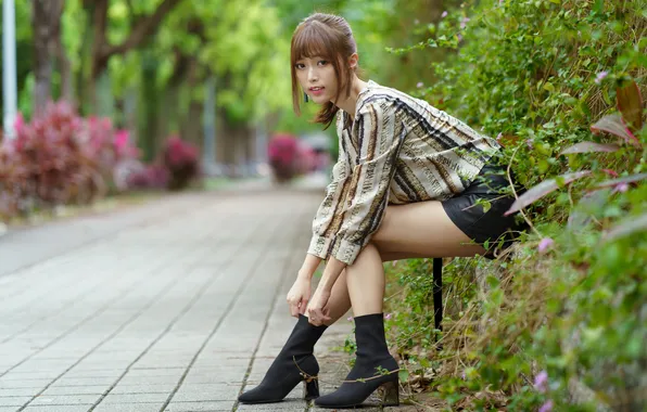 Shorts, blouse, legs, Asian, bokeh