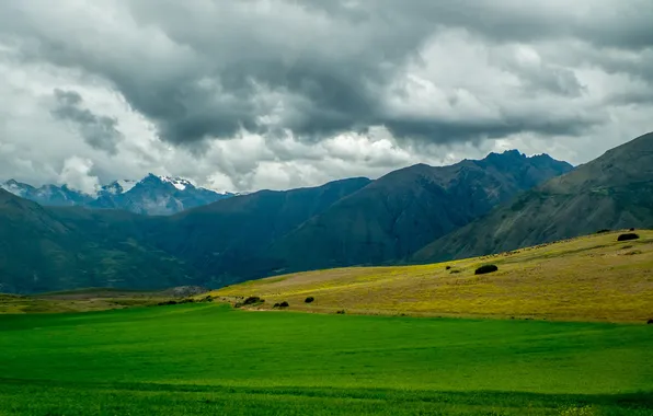 The sky, grass, mountains, clouds, meadow